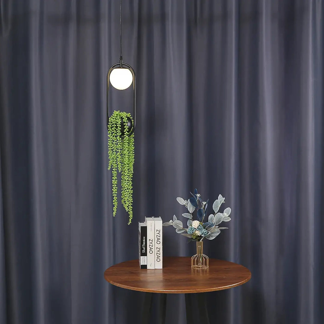 Suspension Moderne Anneau Noir avec Plante Artificielle et Globe LED