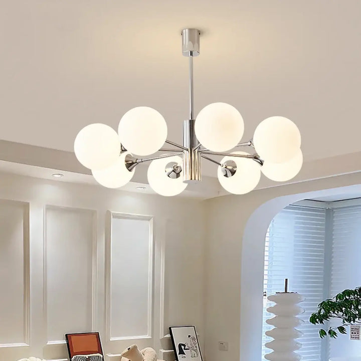 Suspension moderne chrome à globes en verre opalin style contemporain

