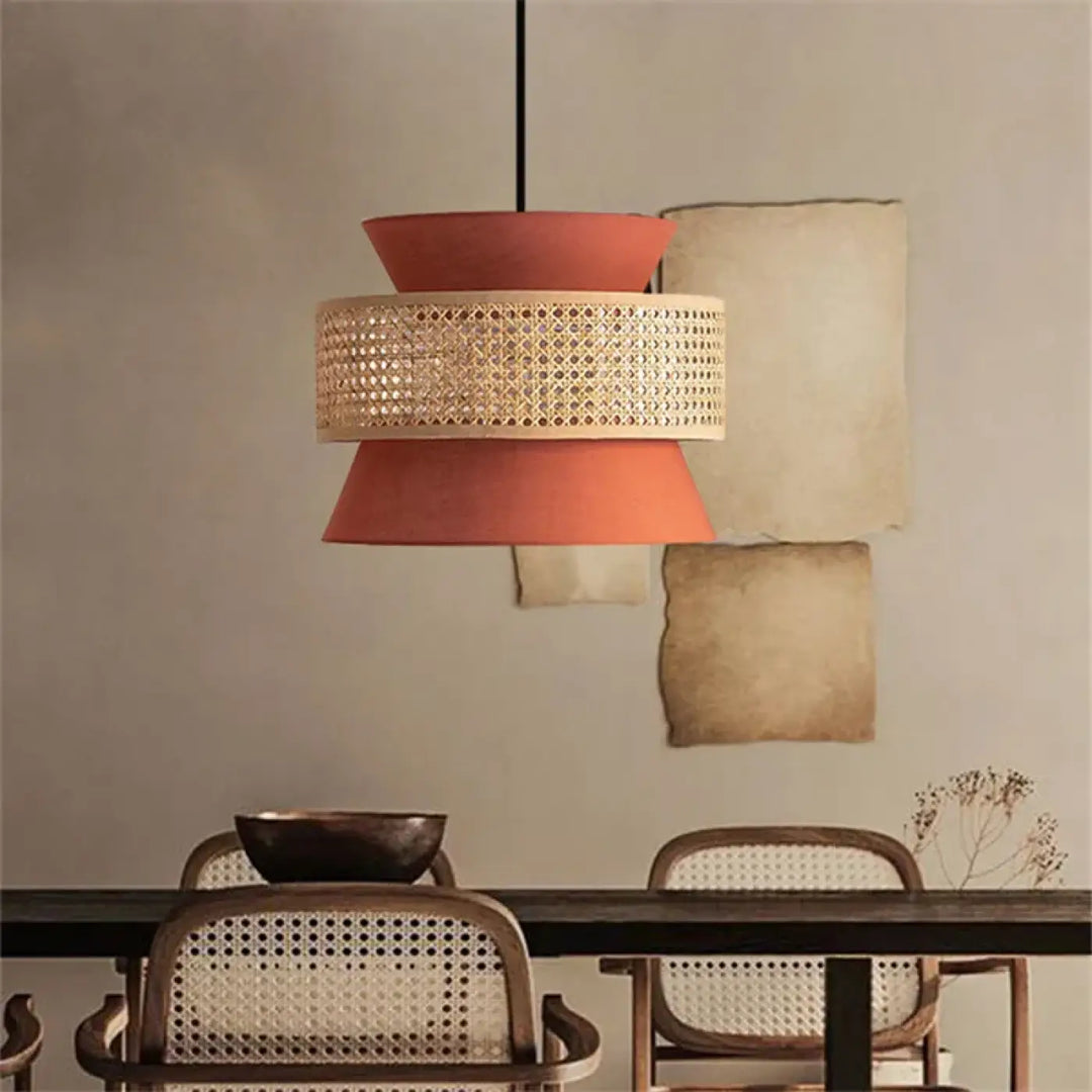
Suspension Moderne Double Abat Jour Terracotta Et Rotin
