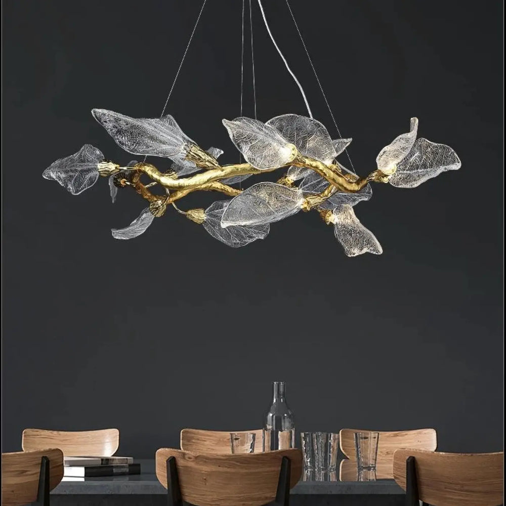 Suspension moderne feuilles verre et métal doré élégant