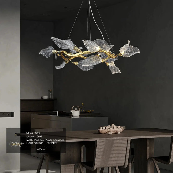 Suspension moderne feuilles verre et métal doré élégant