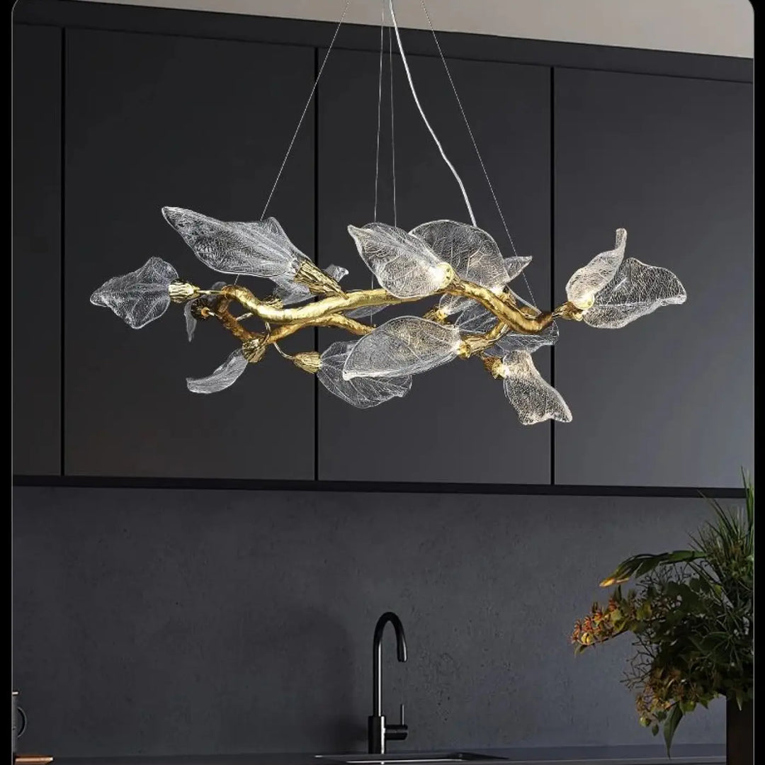 Suspension moderne feuilles verre et métal doré élégant