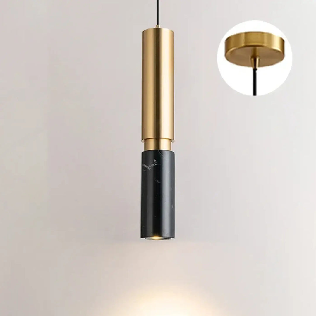 Luminaire suspension jade avec tube doré moderne et cylindre en marbre noir pour décoration intérieure élégante