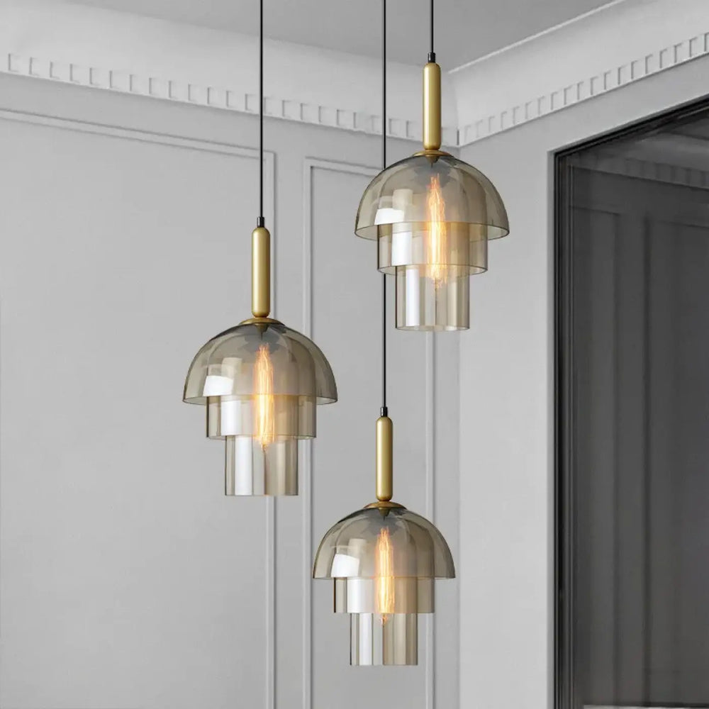 Suspension Moderne Verre Fumé et Laiton Design Élégant Art Déco