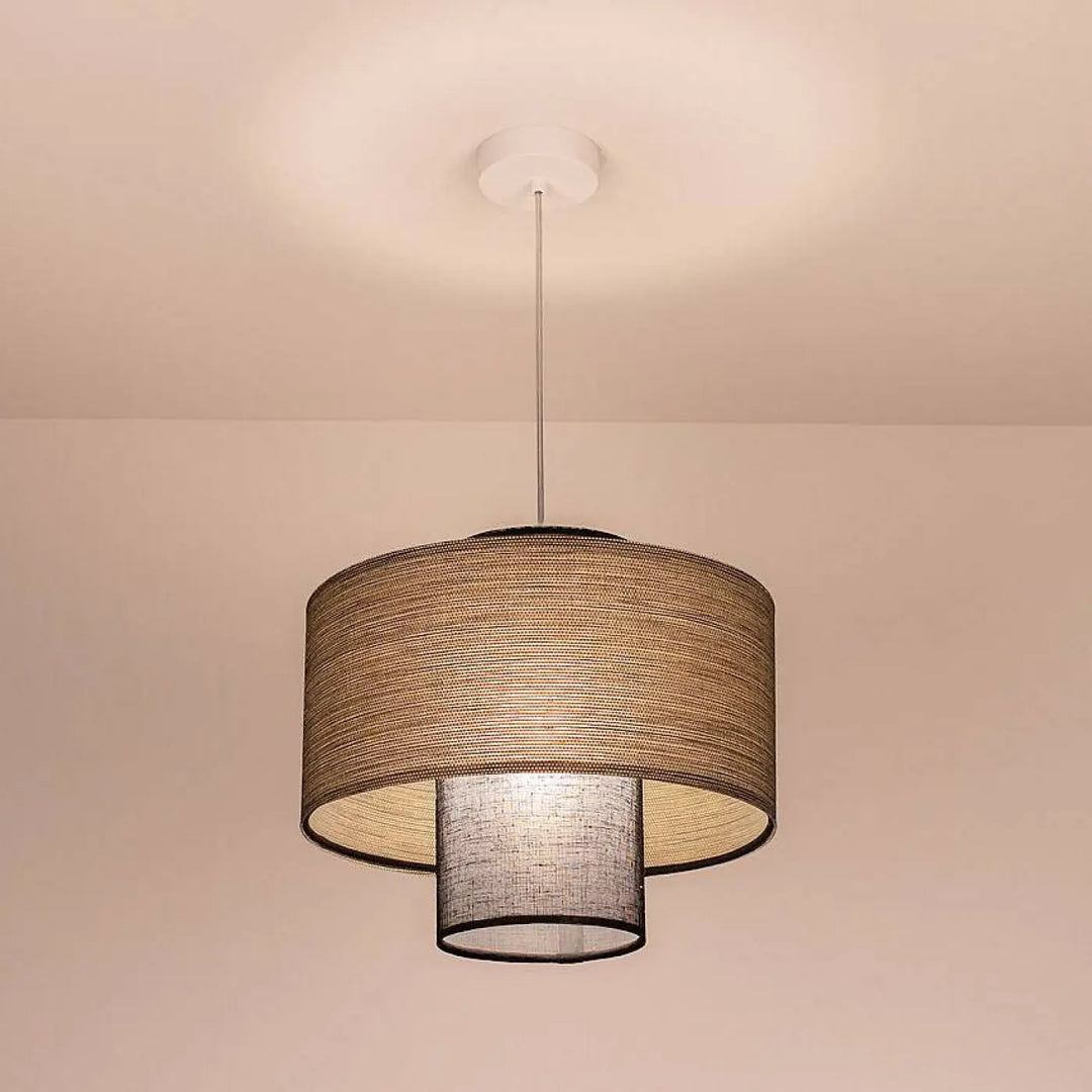 Suspension luminaire twin noire avec double abat beige tissé et abat intérieur cylindrique gris texturé