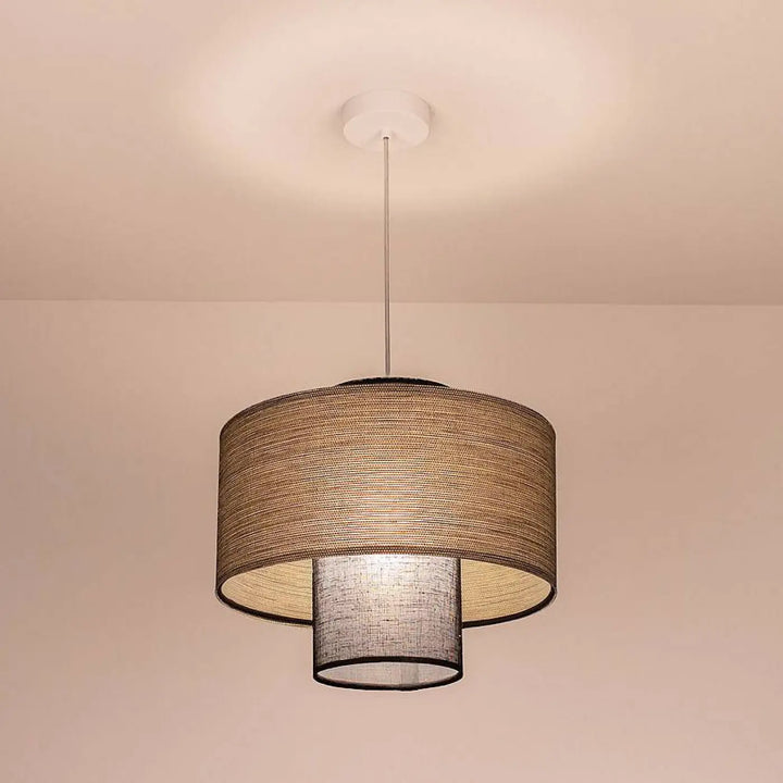Suspension luminaire twin noire avec double abat beige tissé et abat intérieur cylindrique gris texturé
