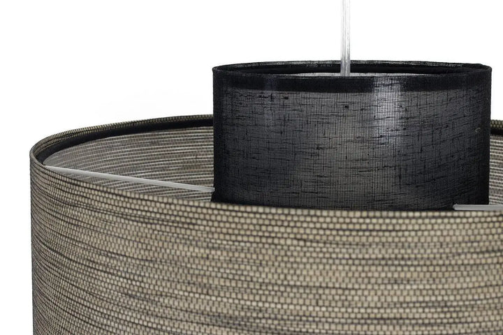 Suspension luminaire twin avec double abat en mesh noir et finition tissu tissé beige double abat
