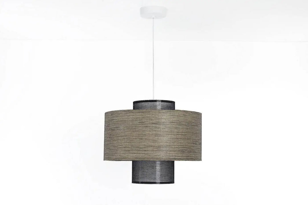 Suspension luminaire twin avec double abat beige et noir en tissu tissé texturé suspendu par cordon blanc suspension noire