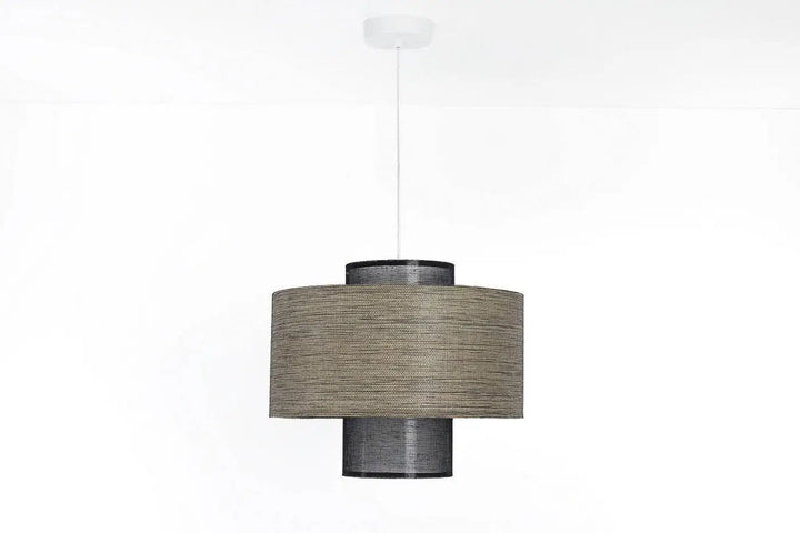 Suspension luminaire twin avec double abat beige et noir en tissu tissé texturé suspendu par cordon blanc suspension noire