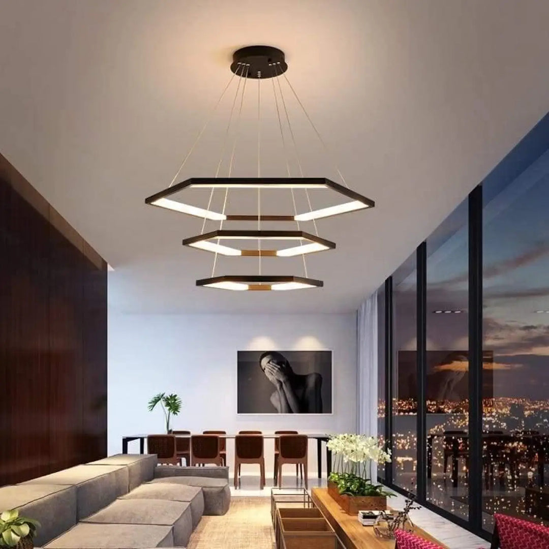 Suspension Noire Design LED Hexagonale En Cascade