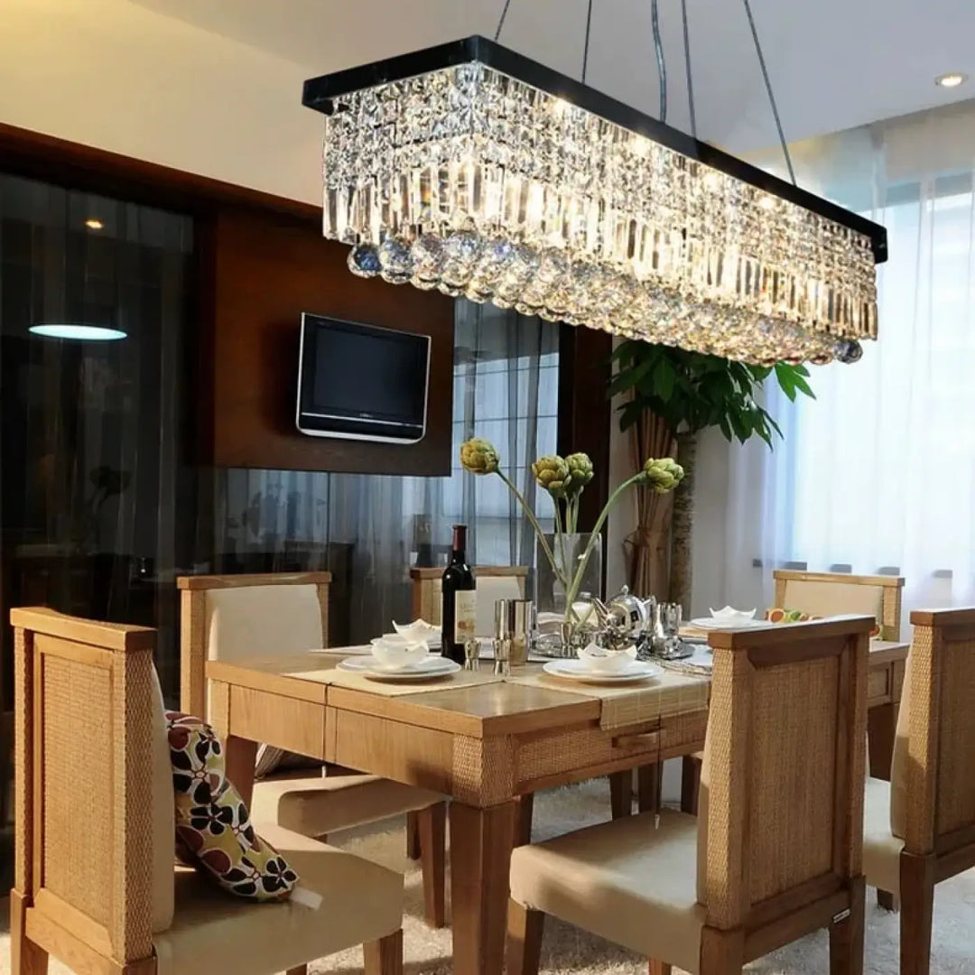 Suspension rectangulaire dorée avec pampilles en cristal moderne

