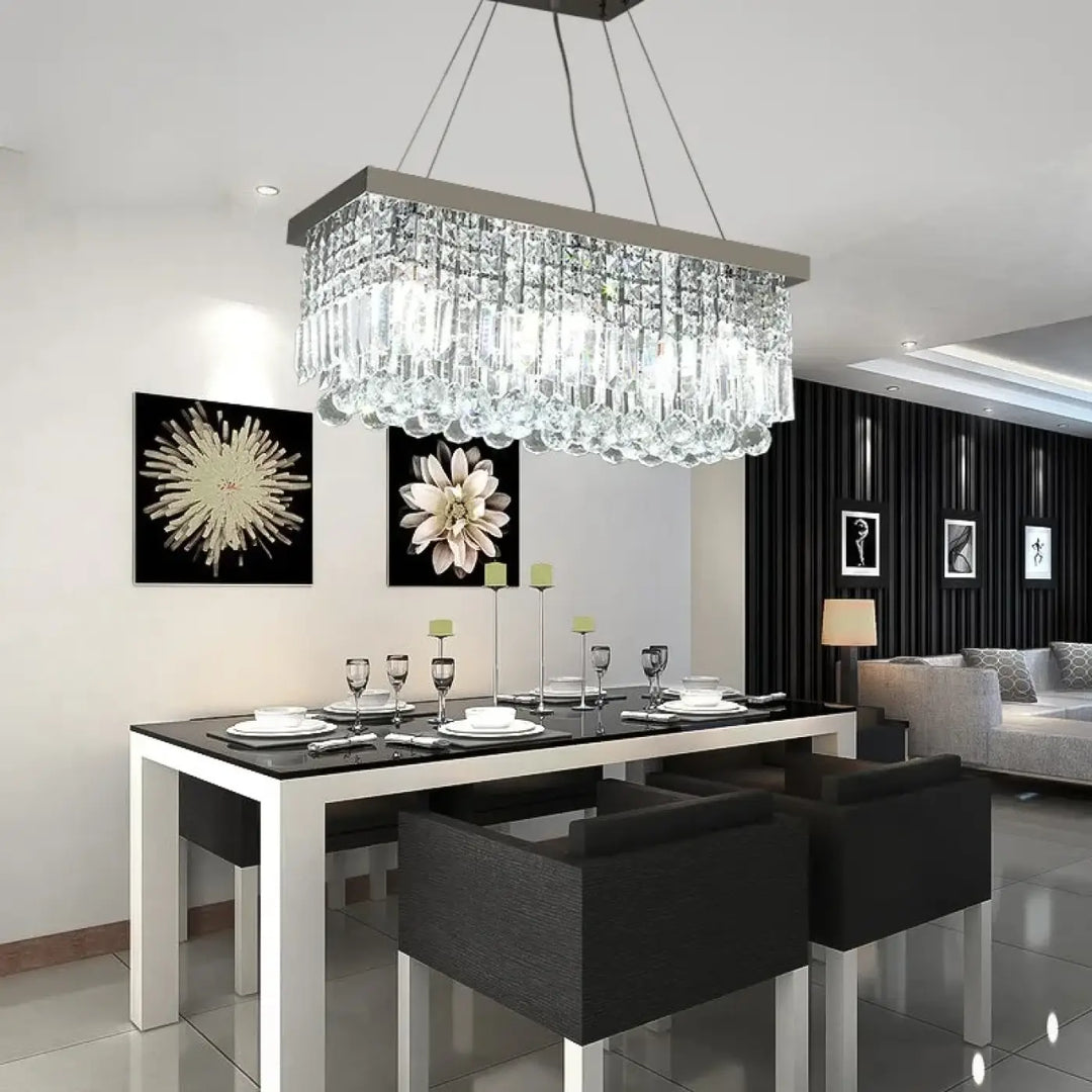 Suspension rectangulaire dorée avec pampilles en cristal moderne

