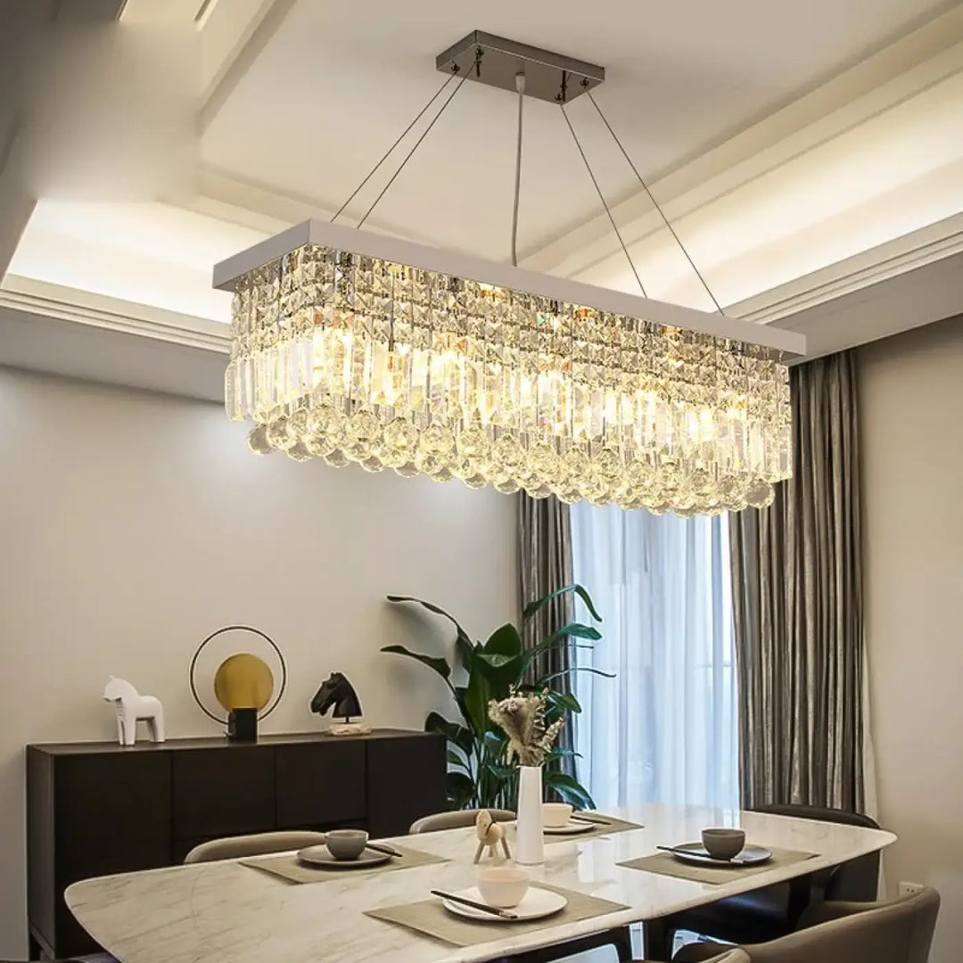 Suspension rectangulaire dorée avec pampilles en cristal moderne

