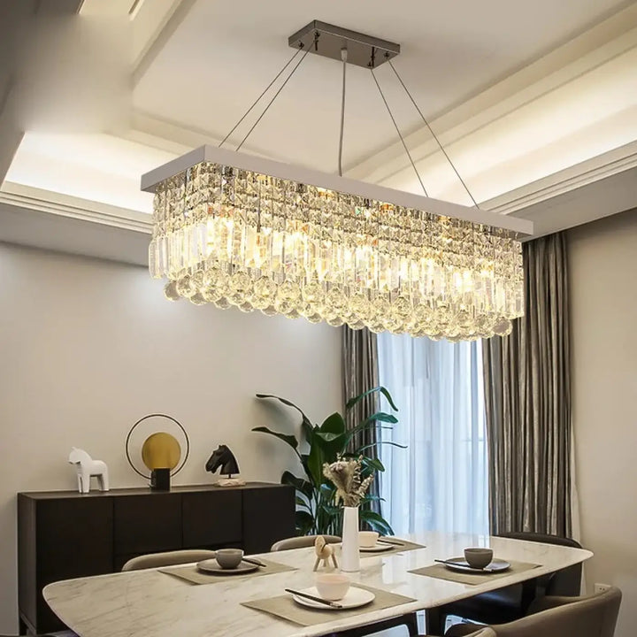 Suspension rectangulaire dorée avec pampilles en cristal moderne

