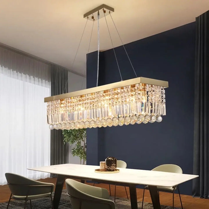 Suspension rectangulaire dorée avec pampilles en cristal moderne

