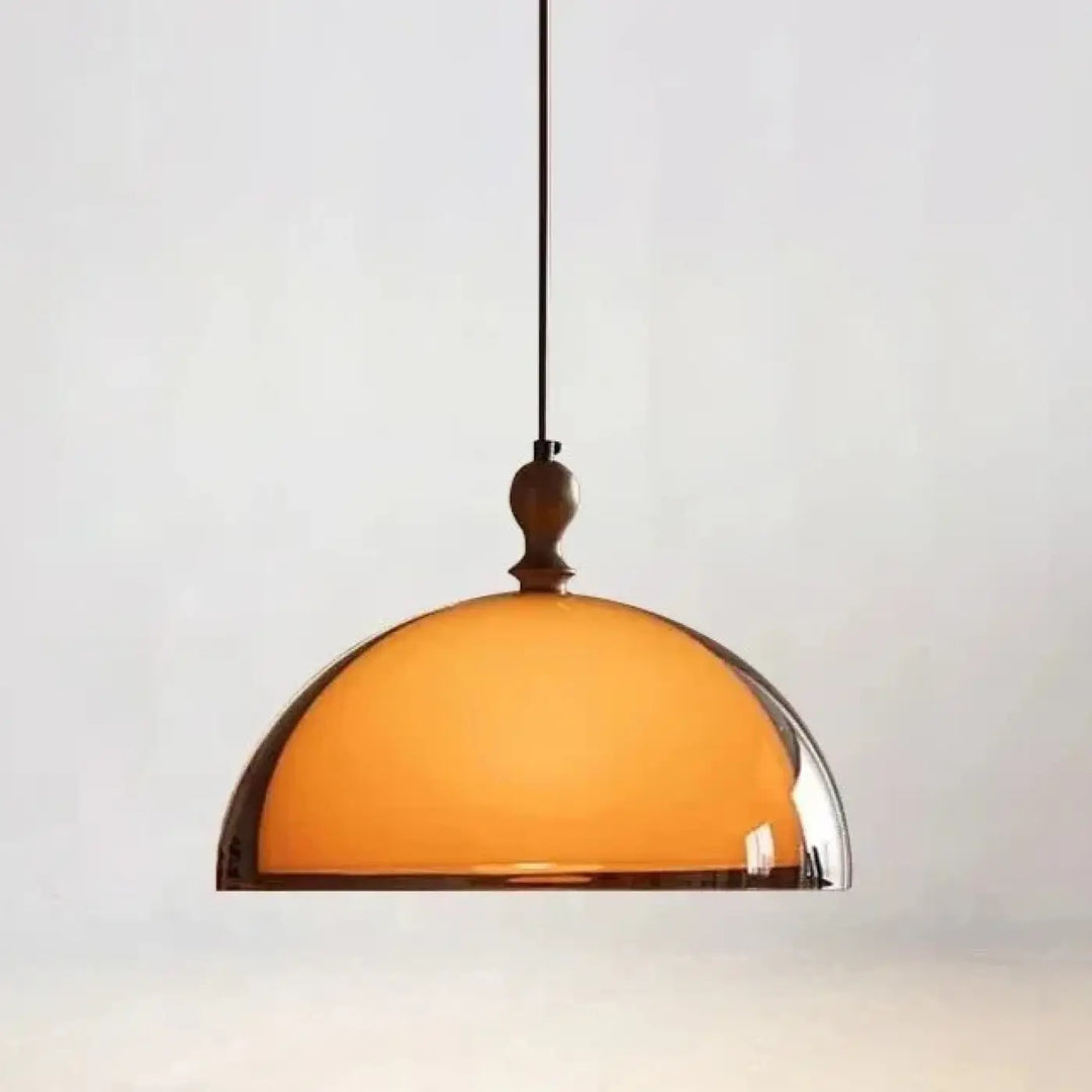 Suspension Rétro Dôme Orange Et Métal Finition Marron

