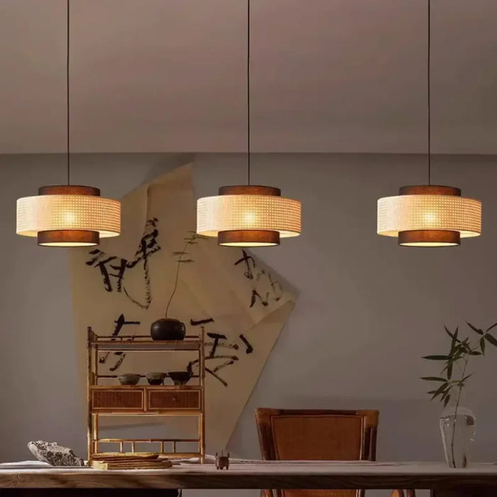Suspension rotin design élégant forme tambour lumineux
