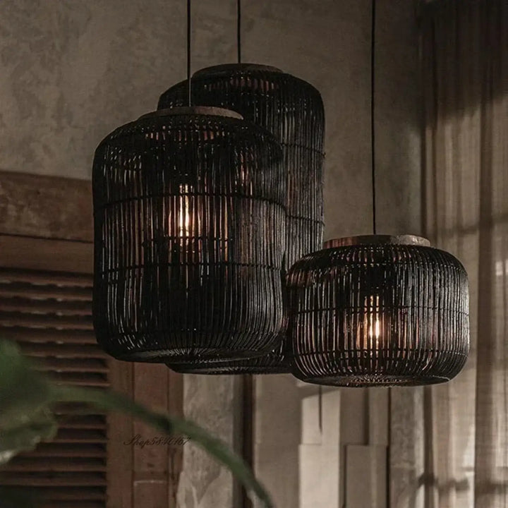 Suspension en rotin naturel cylindrique design bohème