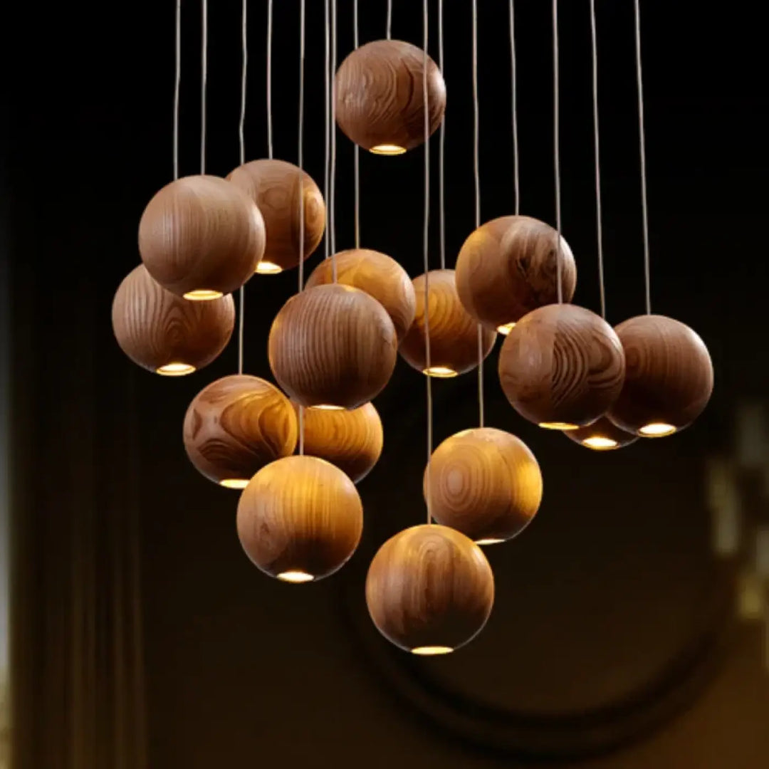 Suspension sphères en bois naturel design contemporain