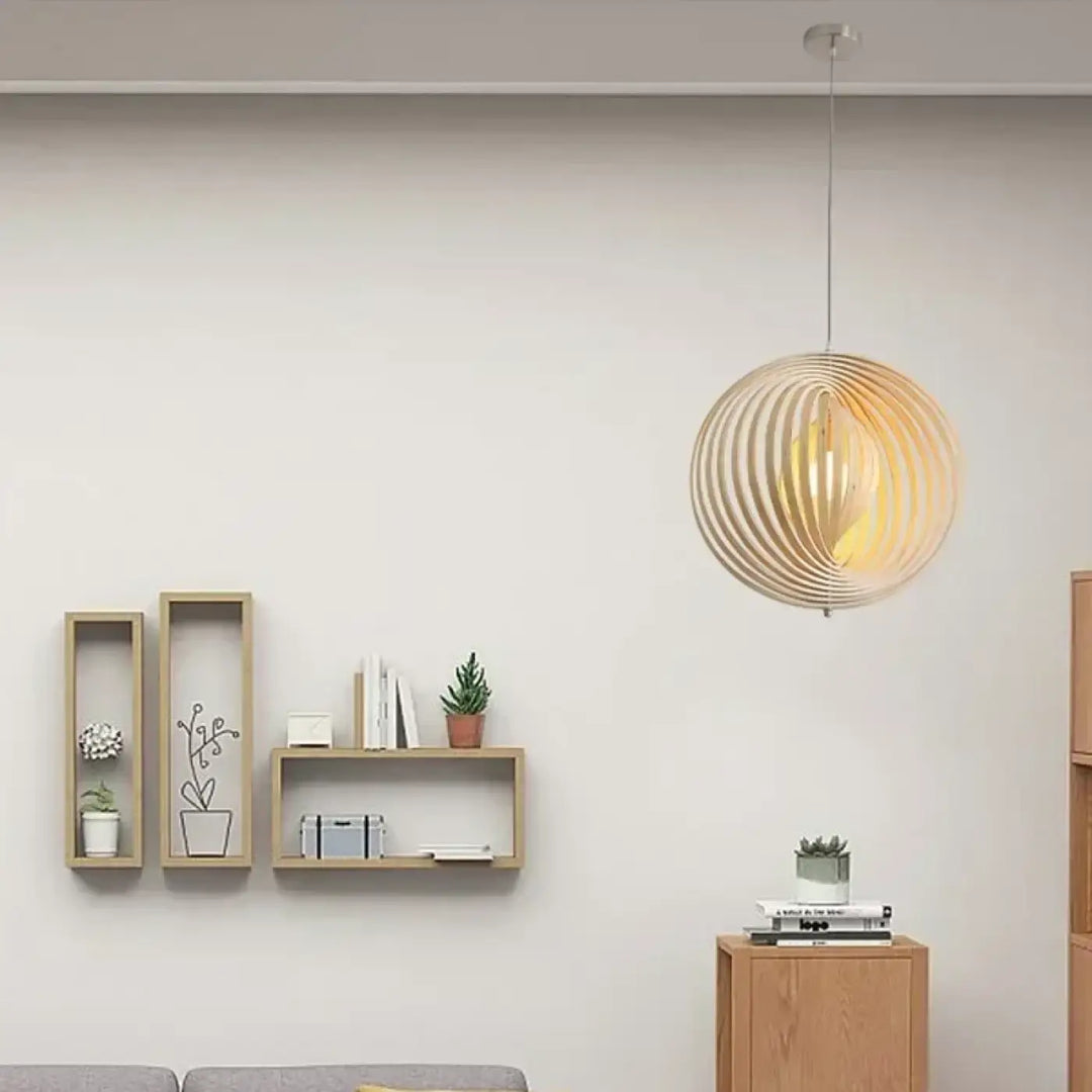 Suspension sphérique en bois ajouré style scandinave moderne

