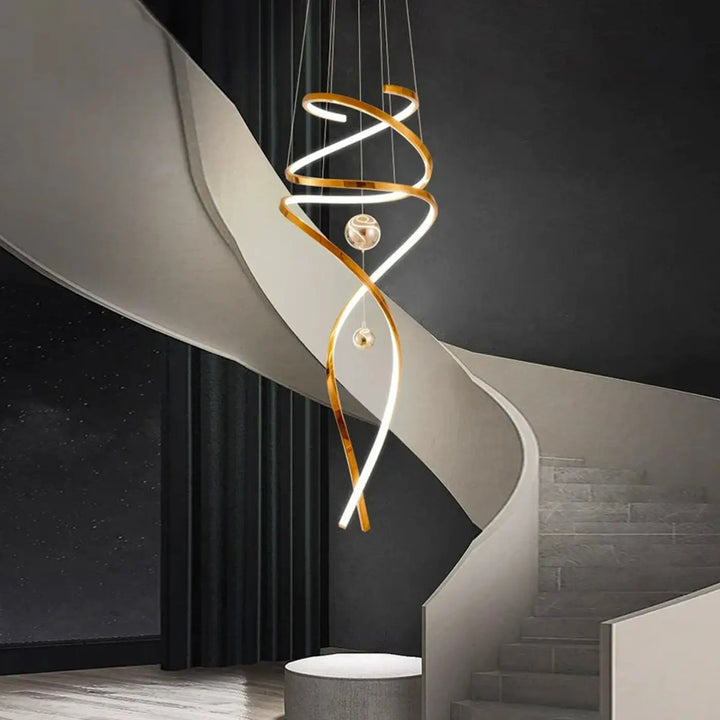 Suspension Spirale LED Dorée Design Pour Plafond Haut