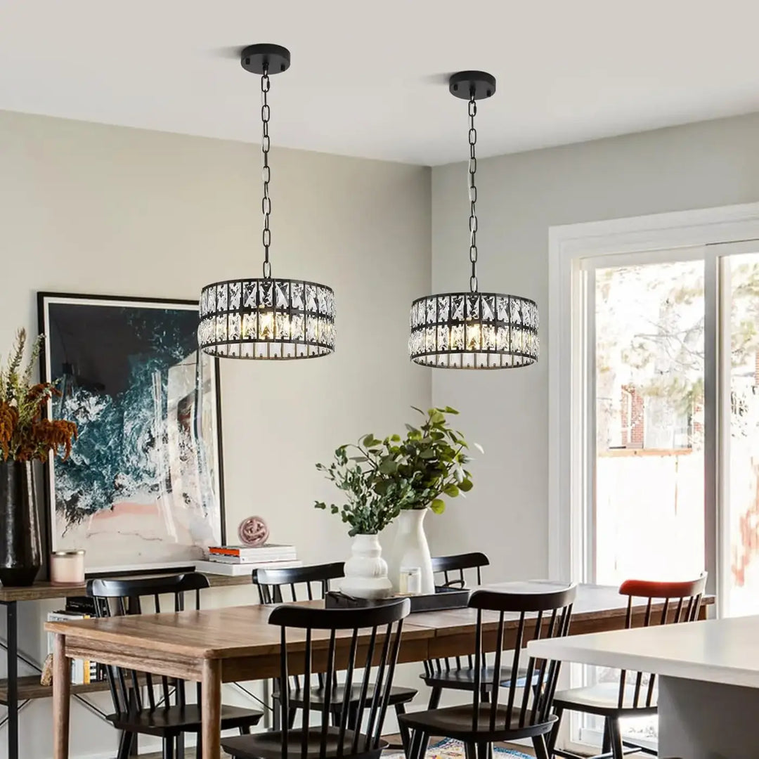 Suspension tambour noir avec cristaux style art déco