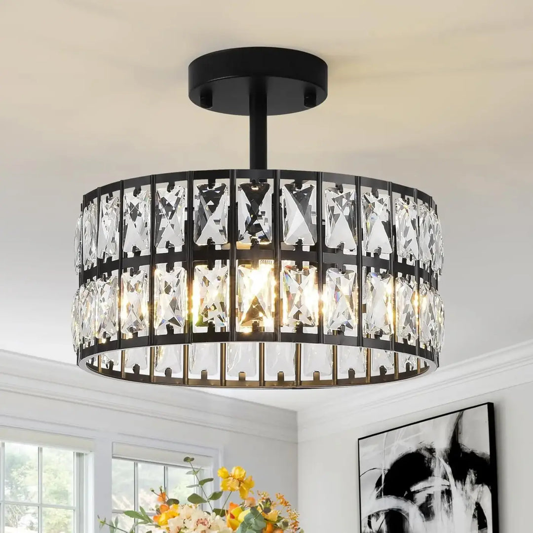 Suspension tambour noir avec cristaux style art déco