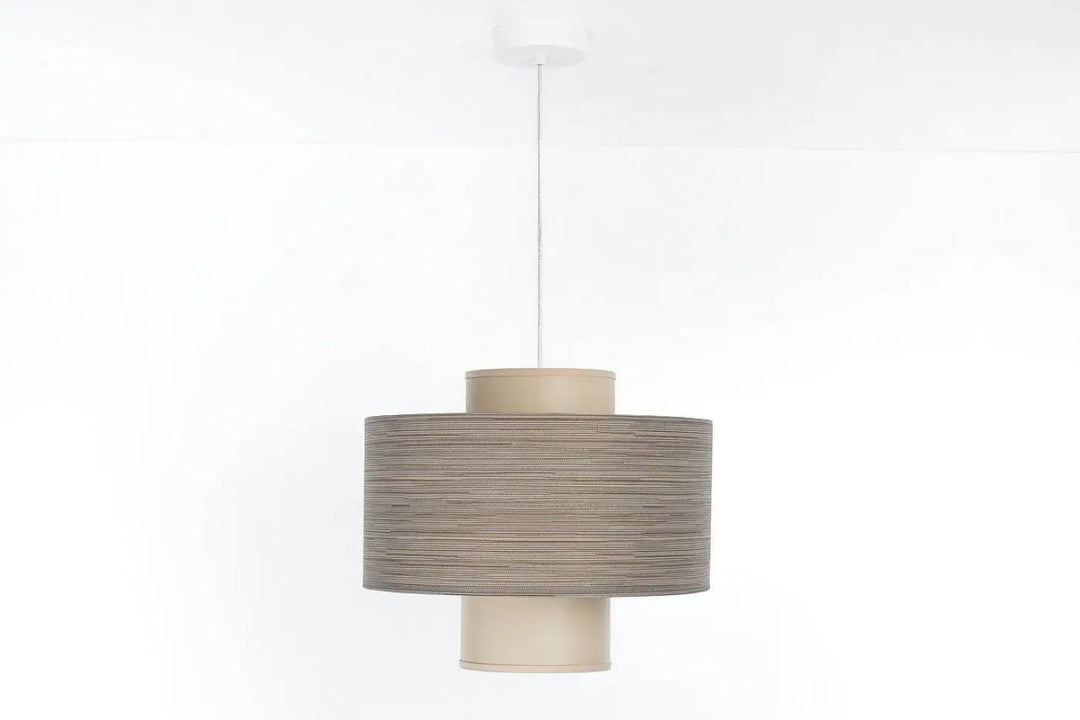 Suspension taupe double cylindrique beige avec abat-jour en tissu tissé minimaliste pour éclairage suspendu