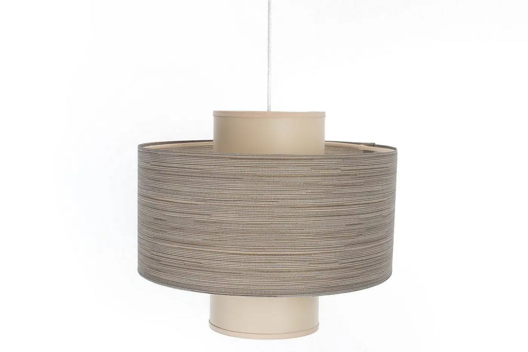 Suspension taupe double luminaire avec abat-jour cylindrique beige en tissu tissé texturé
