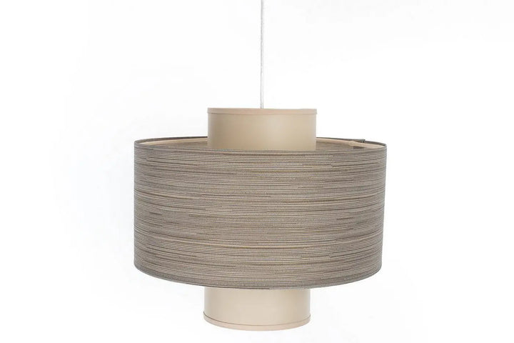 Suspension taupe double luminaire avec abat-jour cylindrique beige en tissu tissé texturé