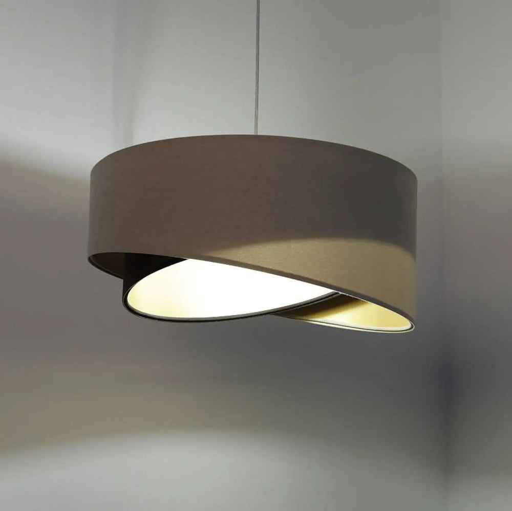 Suspension luminaire auric avec double abat en tissu beige torsadé et doublure intérieure or chaud