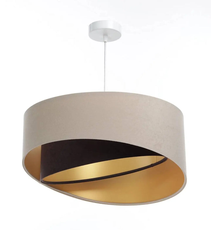 Suspension luminaire auri avec double abat cylindrique beige marron en tissu avec bord intérieur noir et doublure or