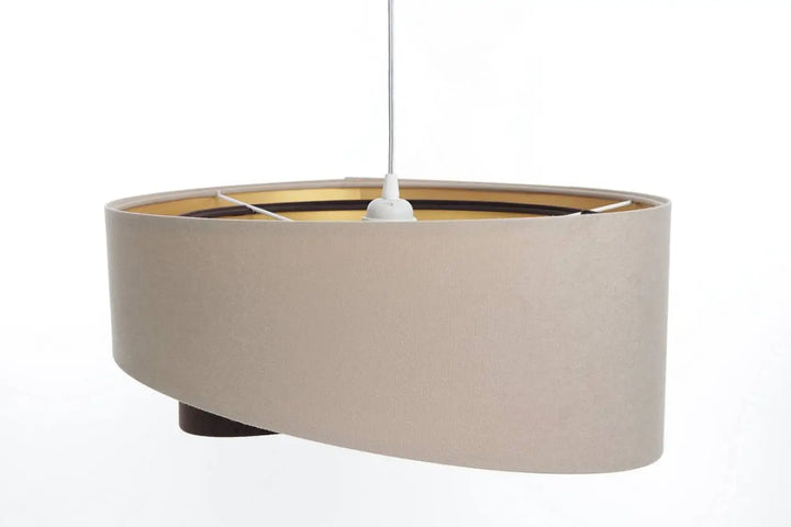 Suspension tissu beige auric avec abat double ovale en tissu doux et intérieur bois visible