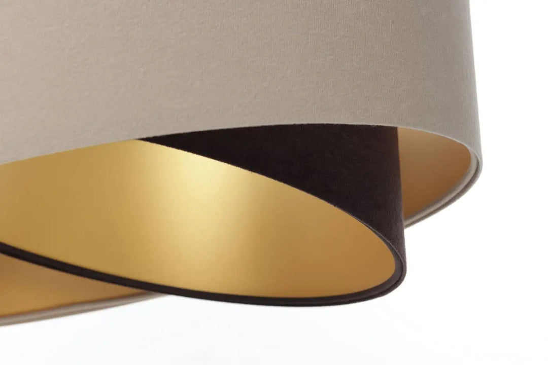 Suspension luminaire auric beige marron avec double abat en tissu beige et intérieur métallique doré