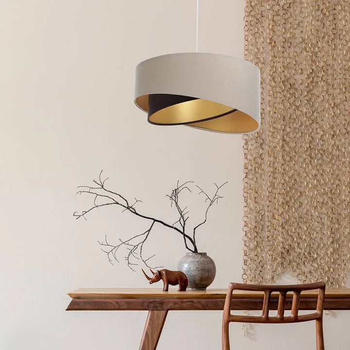 Suspension luminaire auric beige marron avec double abat moderne cylindrique en tissu beige et intérieur doré