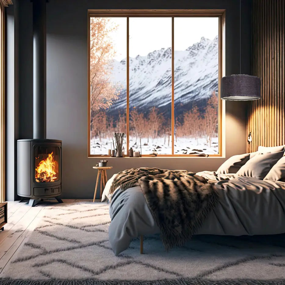 Suspension luminaire bear light en tissu beige marron graphite avec poêle à bois noir et flammes visibles à l’intérieur