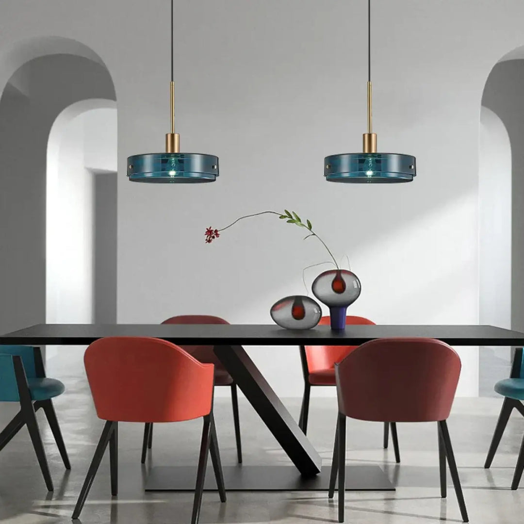 Suspension en verre bleu design moderne pour salle à manger