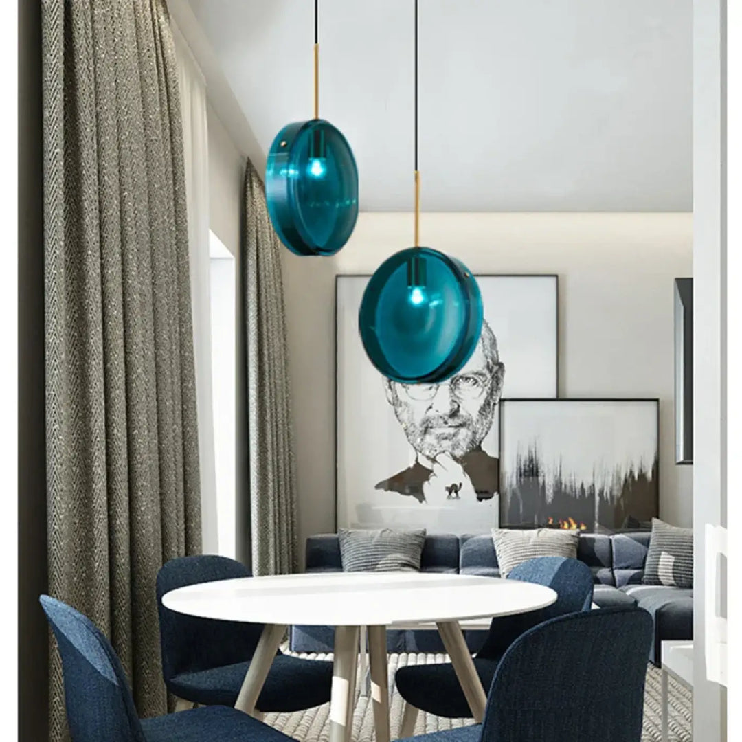 Suspension en verre bleu design moderne pour salle à manger