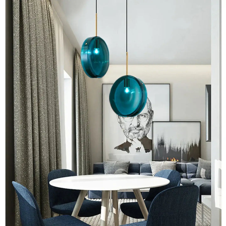 Suspension en verre bleu design moderne pour salle à manger