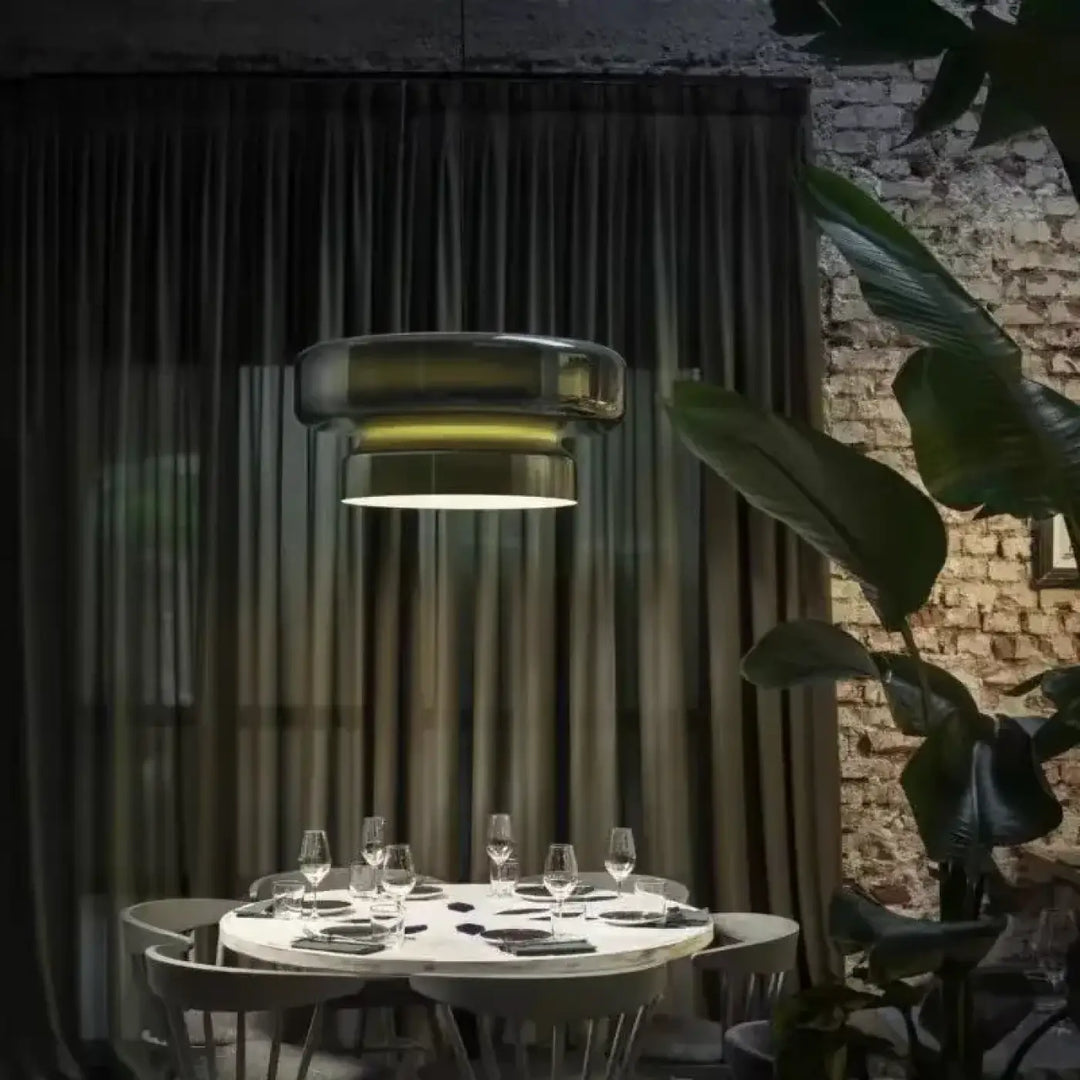 Suspension vintage double anneau en verre pour salle à manger

