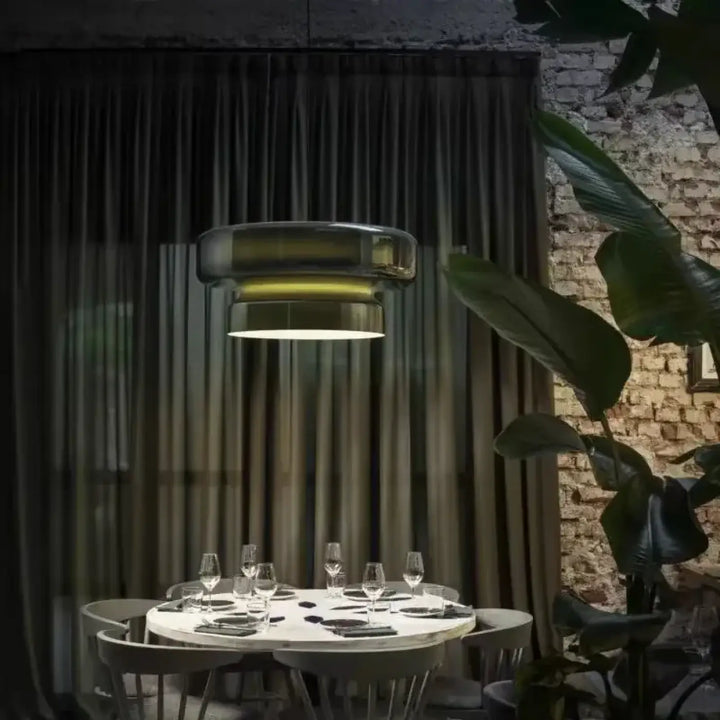 Suspension vintage double anneau en verre pour salle à manger

