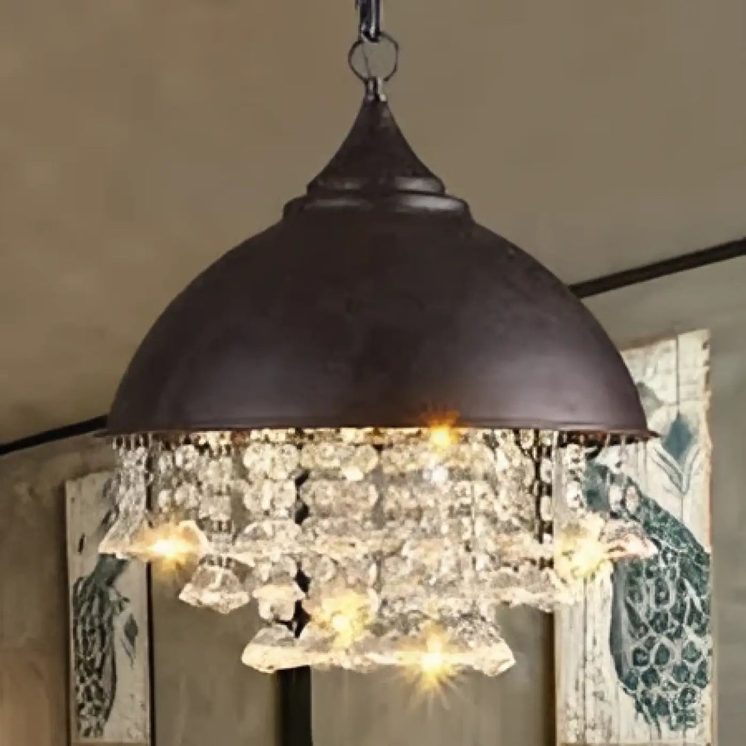 Suspension luminaire noctea en métal noir avec dôme bronze foncé et gouttes de cristal pour décoration intérieure élégante
