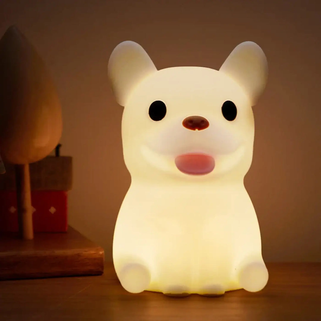 Veilleuse animalière snoozy en forme de bouledogue français avec lumière douce blanche et langue rose craquante