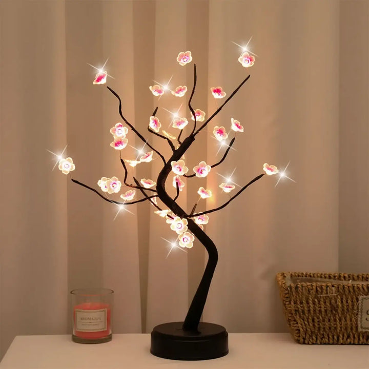 Veilleuse arbre lumineux flowy avec fleurs LED roses et blanches décorant intérieur avec arbre lumineux noir