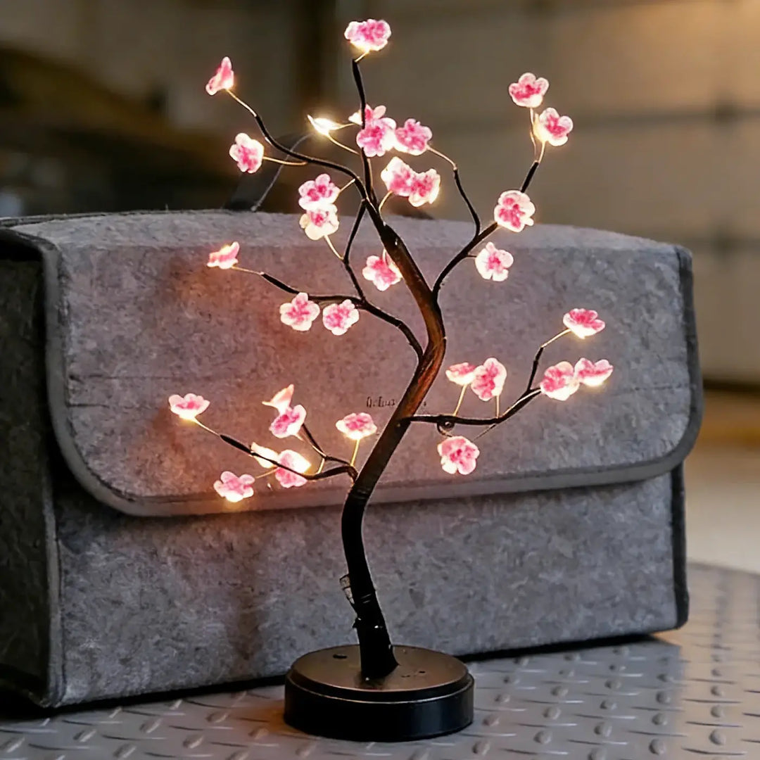 Veilleuse arbre lumineux Flowy arbre décoratif en branches marron avec fleurs roses illuminées pour décoration intérieure