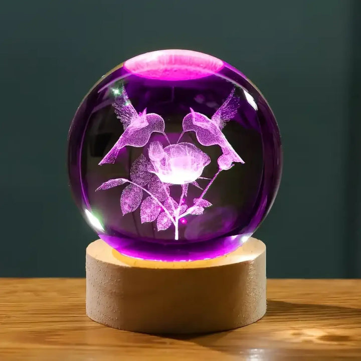 Veilleuse boule en verre lumineuse colibris design violet