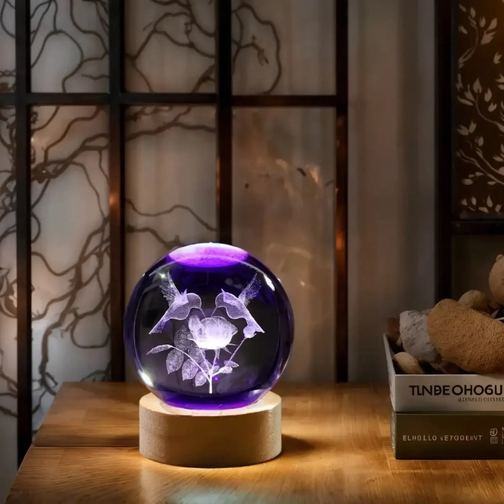 Veilleuse boule en verre lumineuse colibris design violet