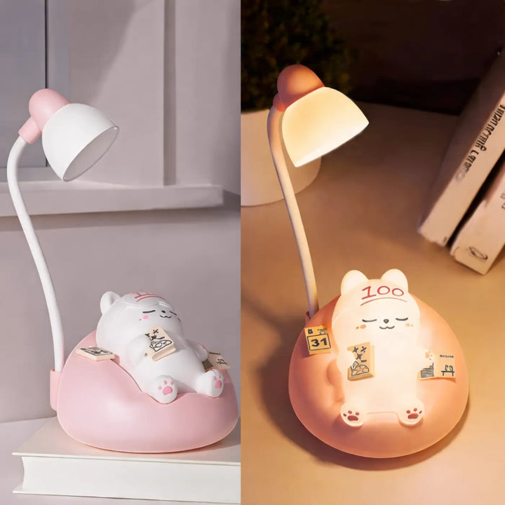Veilleuse chat décorative katty rose et blanche en forme de chat avec bras flexible pour éclairage de bureau