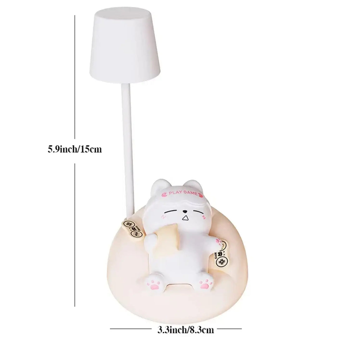 Veilleuse chat décorative en plastique blanc avec base rose pâle et abat-jour cylindrique blanc, modèle katty