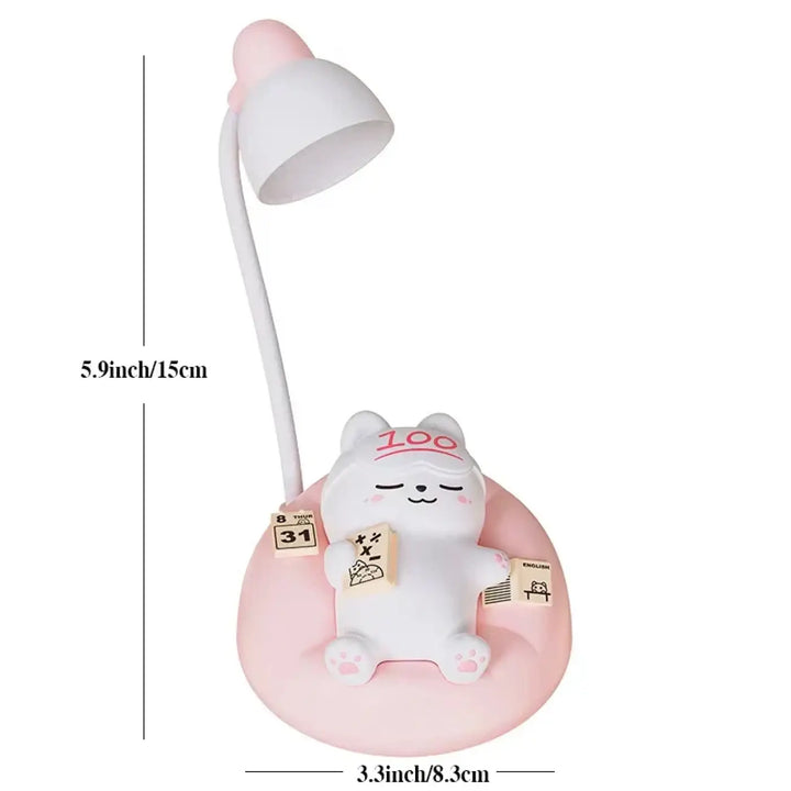 Veilleuse chat décorative katty en forme de chat blanc et rose avec cou flexible et blocs en bois sur le ventre